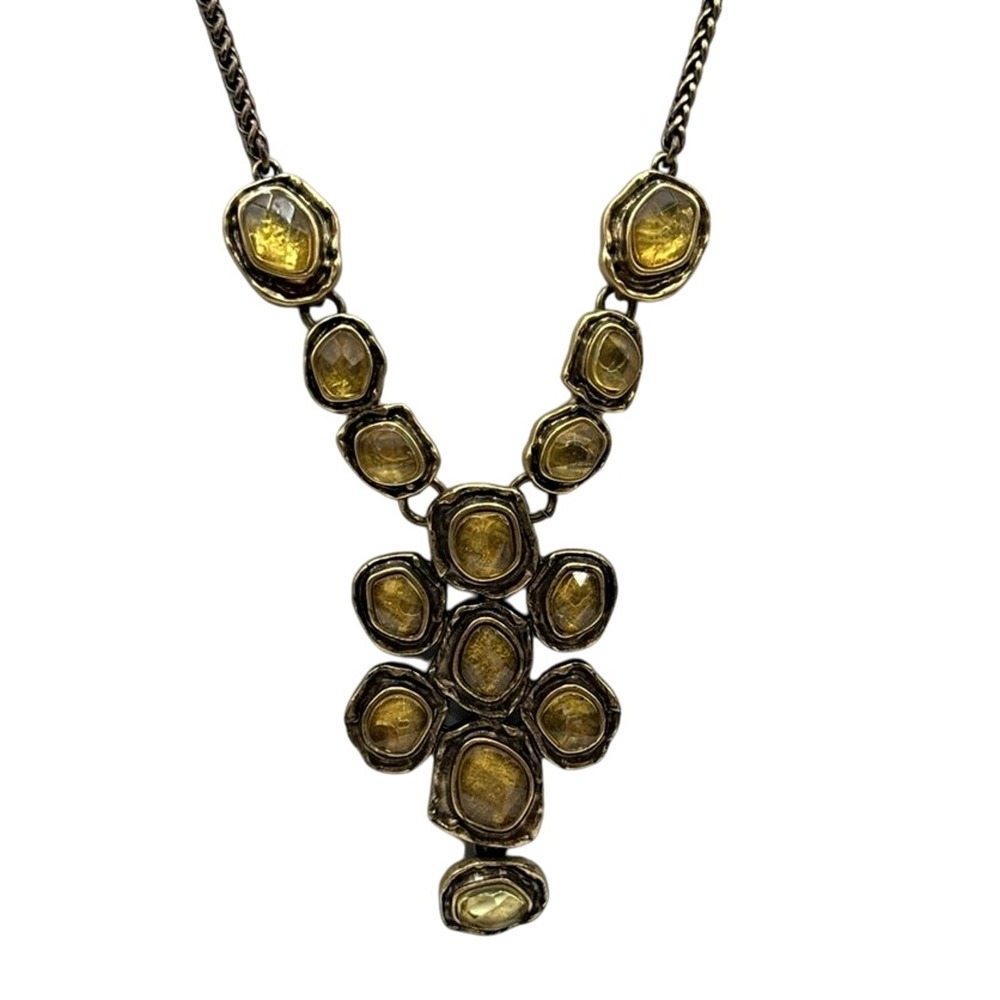 Lucky Brand Jonquil Topaz Lucite   Lavaliere Bib Antique Gold Tone Necklace